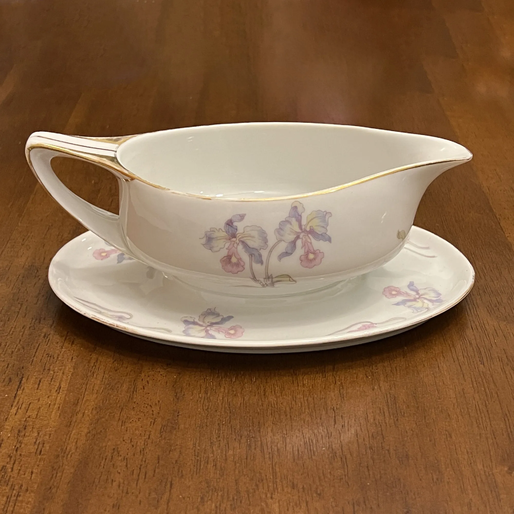 1930s Bohemia Ceramic Orchid Iris China Gravy Boat with Underplate, Gilt Trim