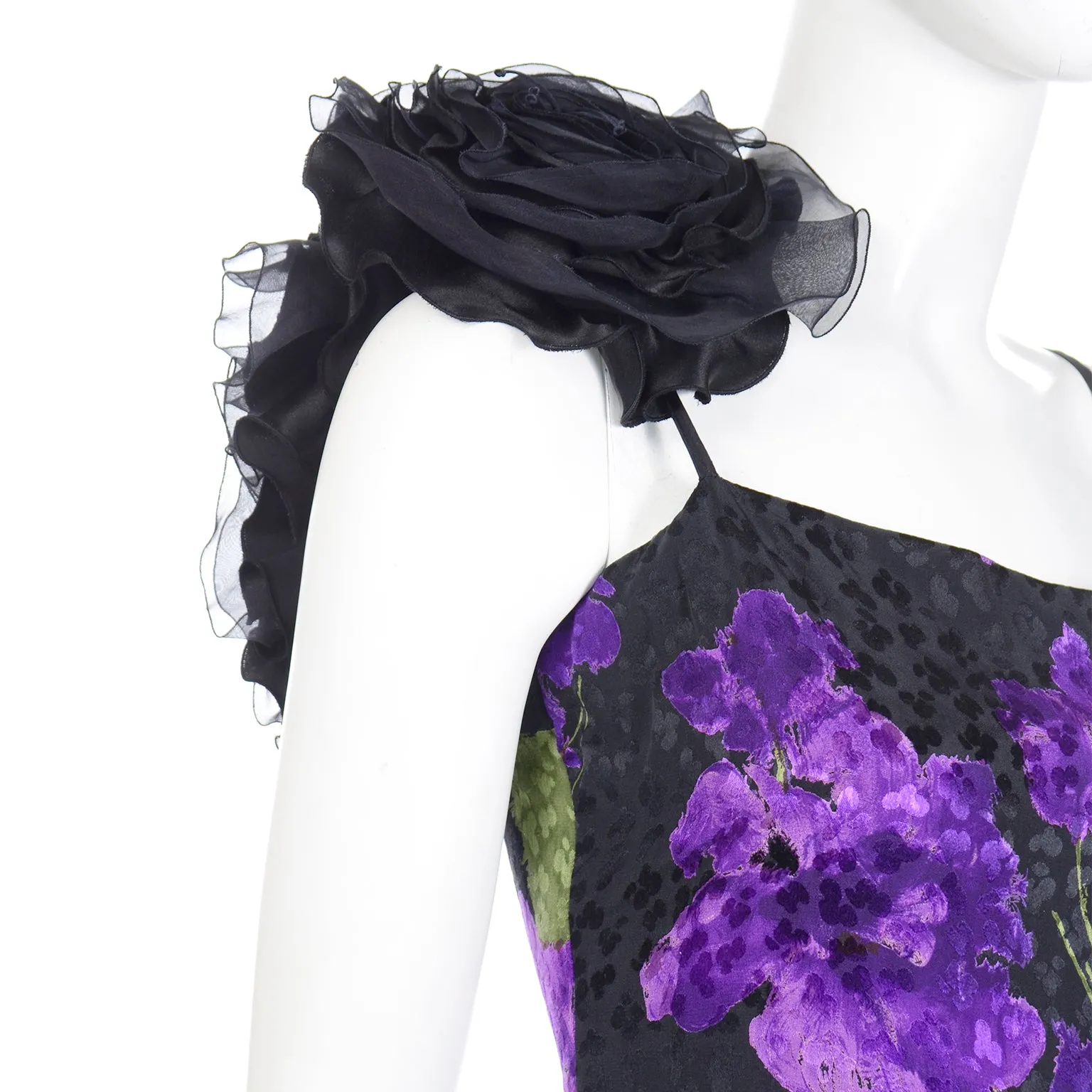 1970s Galanos Purple Floral Silk Evening Dress w Black Flower
