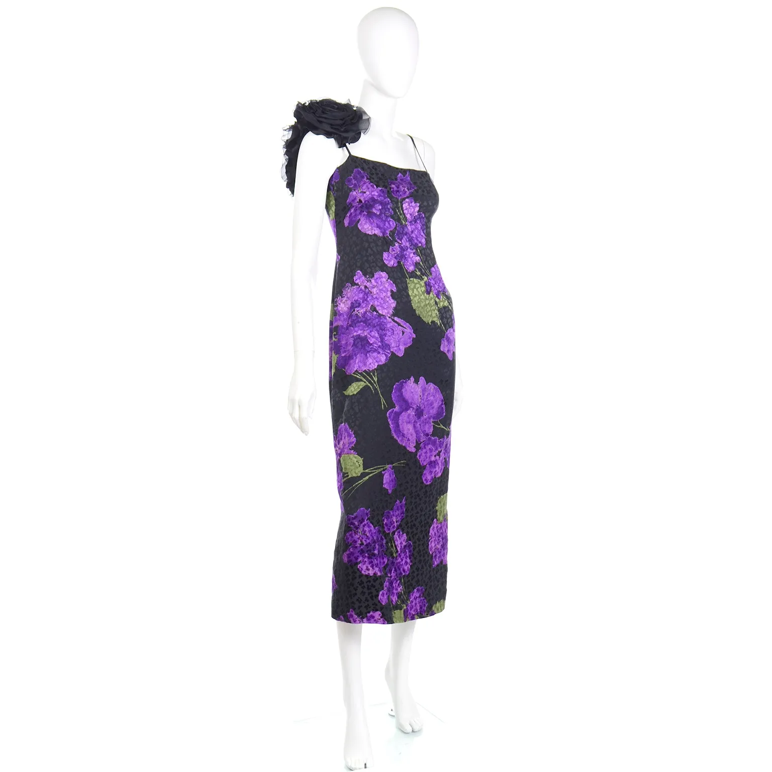 1970s Galanos Purple Floral Silk Evening Dress w Black Flower