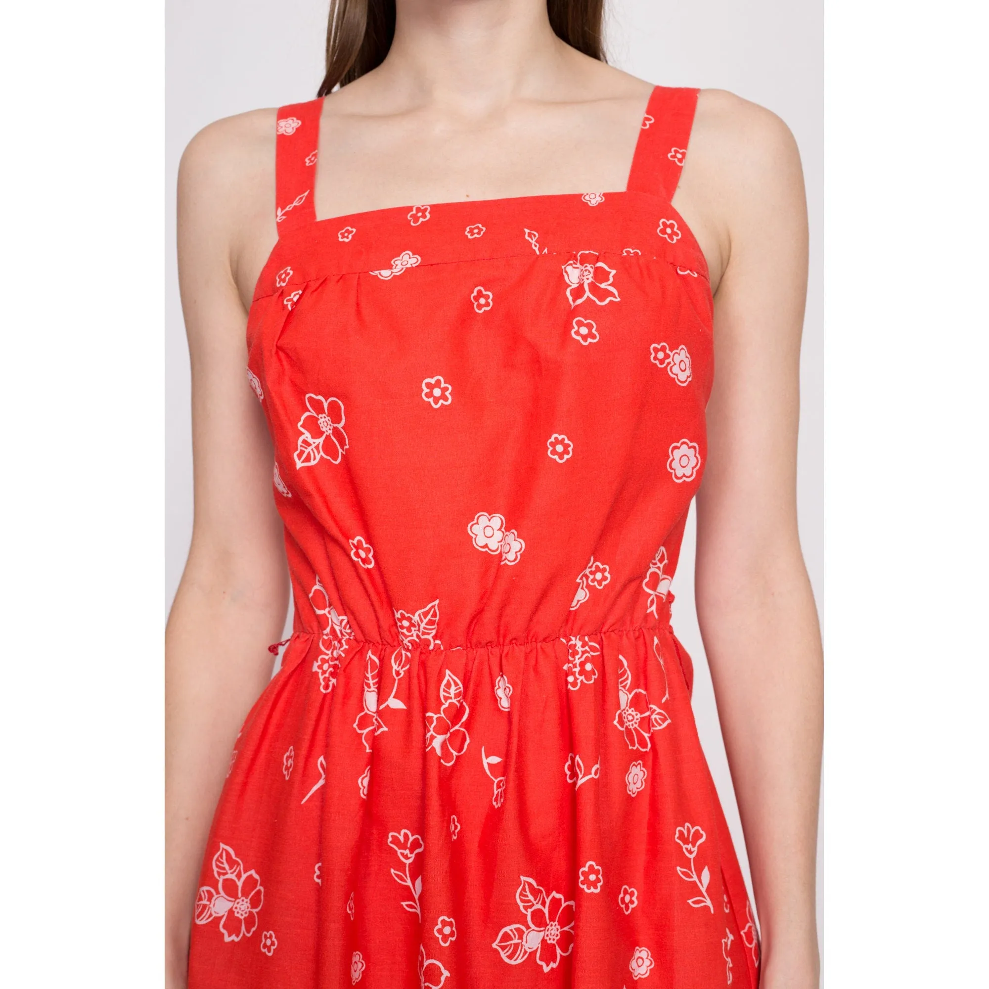 70s Red Orange Floral Fit & Flare Sundress - Medium