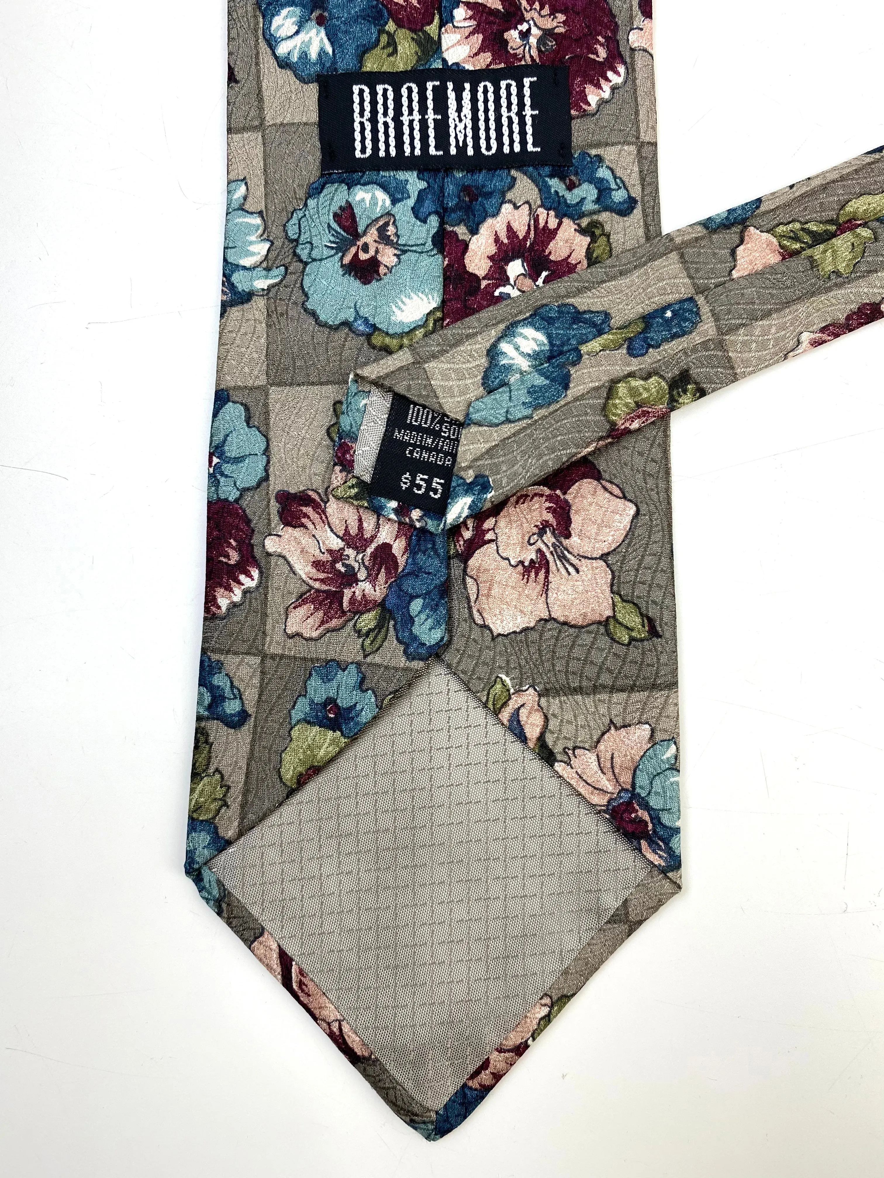 90s Deadstock Silk Necktie, Men's Vintage Taupe/ Blue/ Pink Floral Pattern Tie, NOS