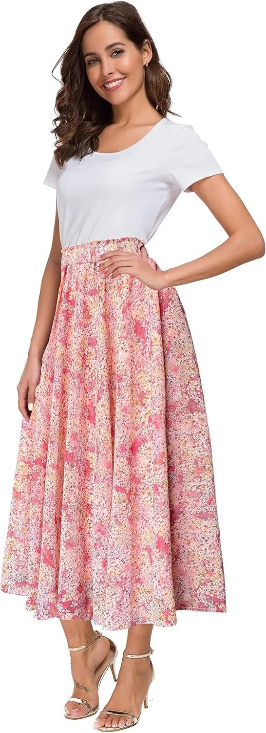 Afibi Women High Waist Floral Print Swing Chiffon Beach Midi Long Skirt with Pockets