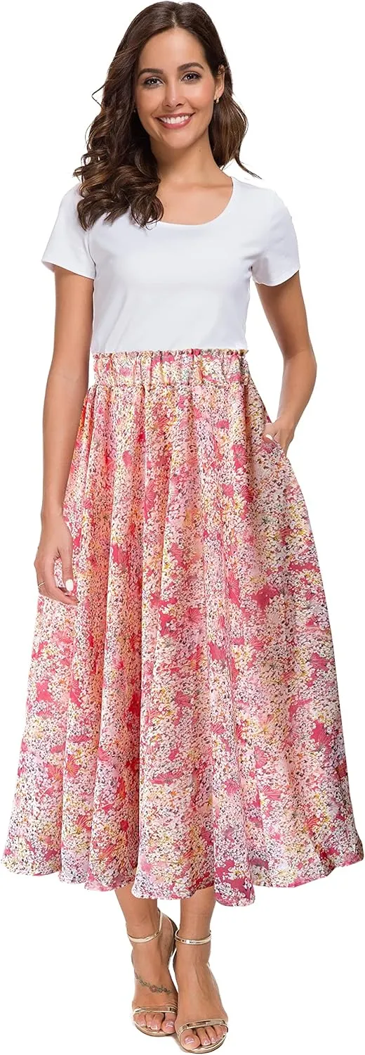 Afibi Women High Waist Floral Print Swing Chiffon Beach Midi Long Skirt with Pockets