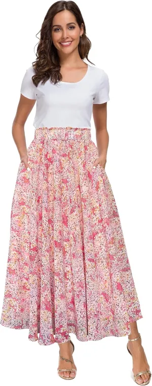 Afibi Women High Waist Floral Print Swing Chiffon Beach Midi Long Skirt with Pockets