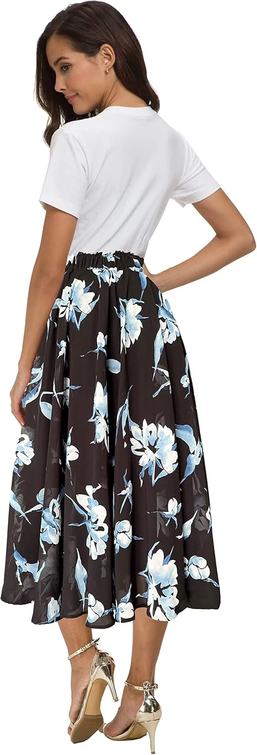 Afibi Women High Waist Floral Print Swing Chiffon Beach Midi Long Skirt with Pockets