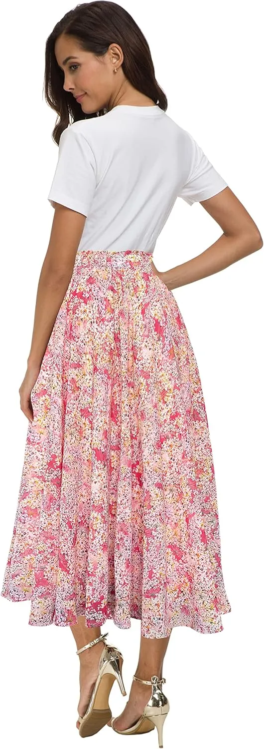Afibi Women High Waist Floral Print Swing Chiffon Beach Midi Long Skirt with Pockets
