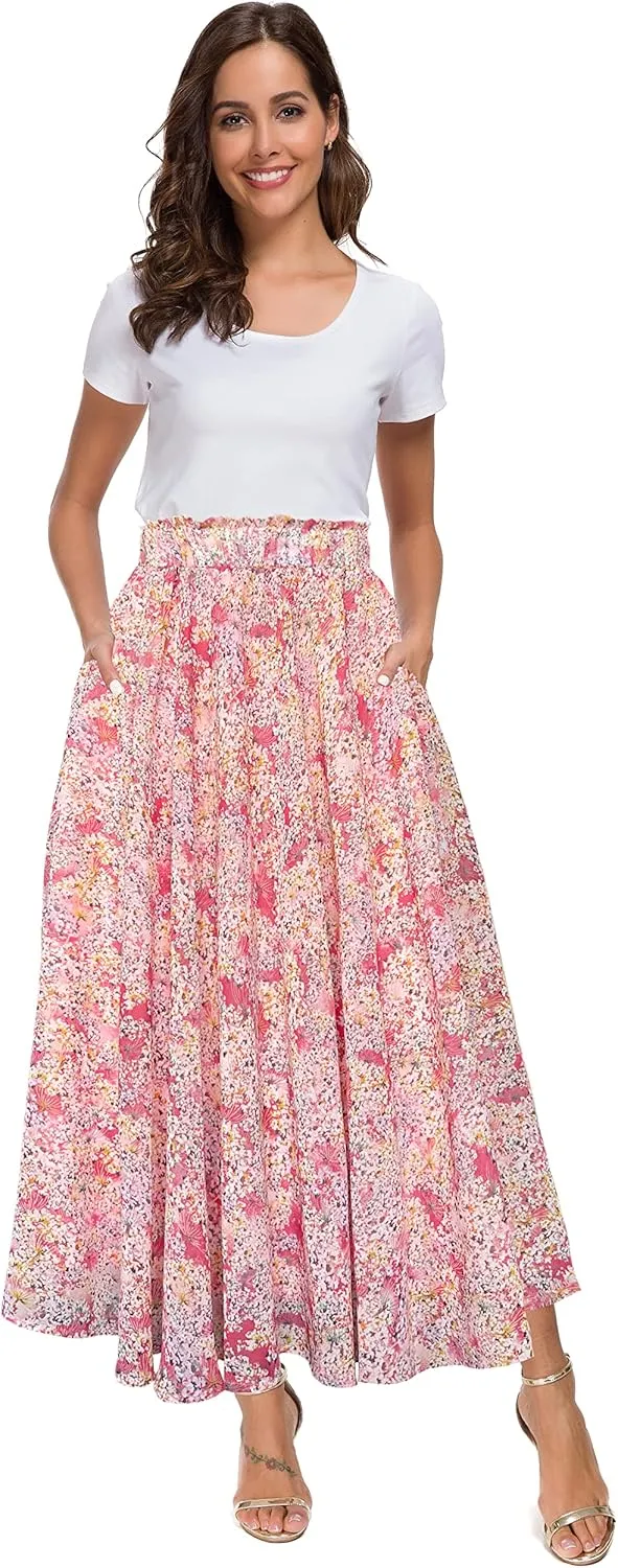 Afibi Women High Waist Floral Print Swing Chiffon Beach Midi Long Skirt with Pockets