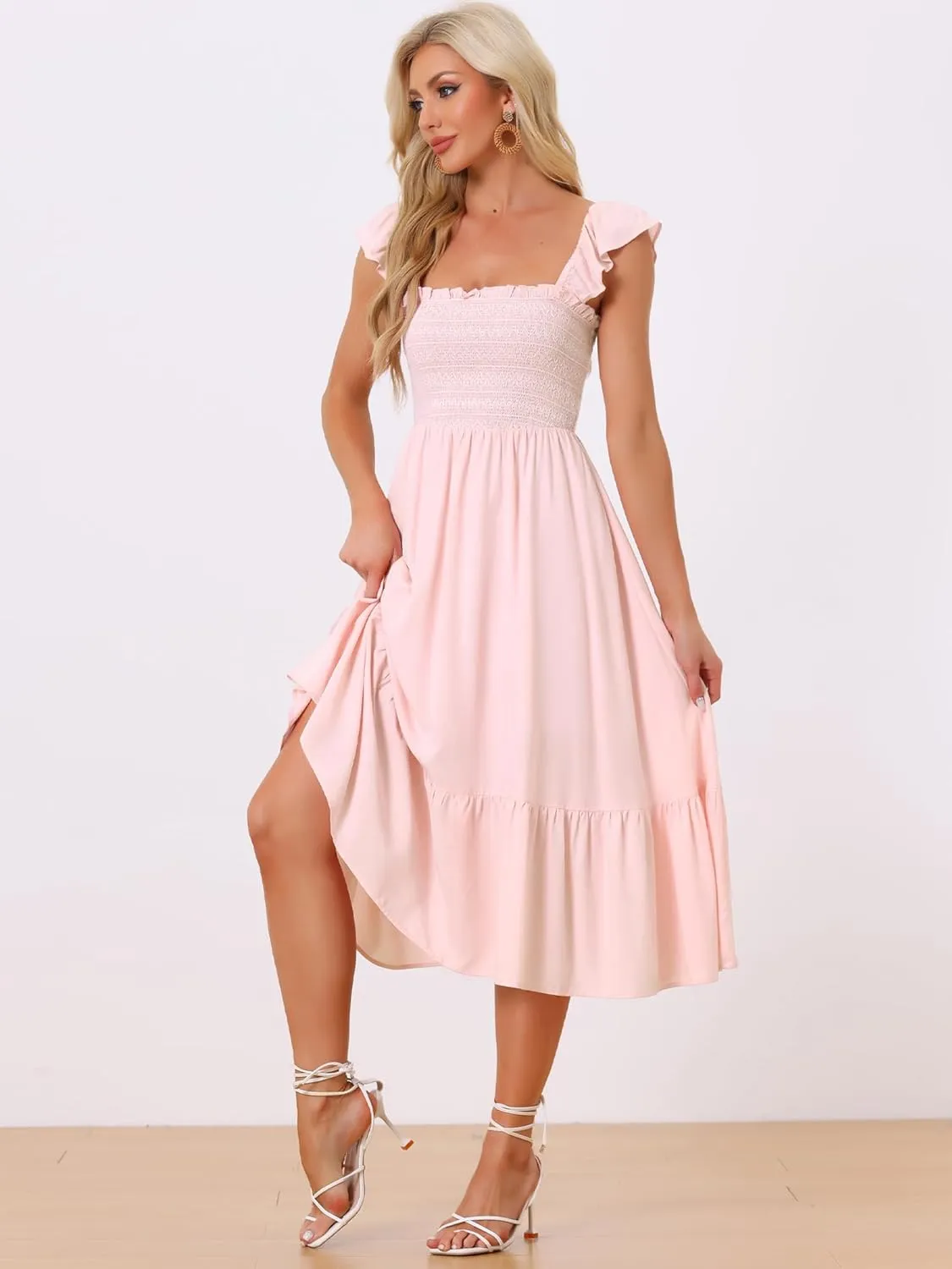 Allegra K Boho Midi Dress for Women's Square Neck Ruffle Tiered Flowy Smocked Sundress
