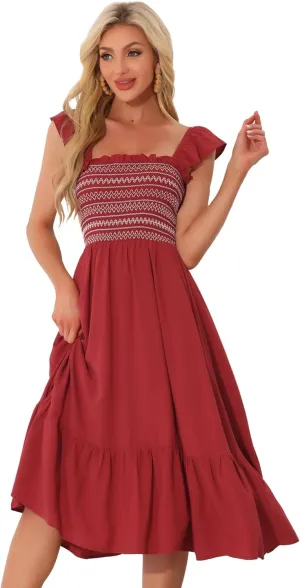 Allegra K Boho Midi Dress for Women's Square Neck Ruffle Tiered Flowy Smocked Sundress