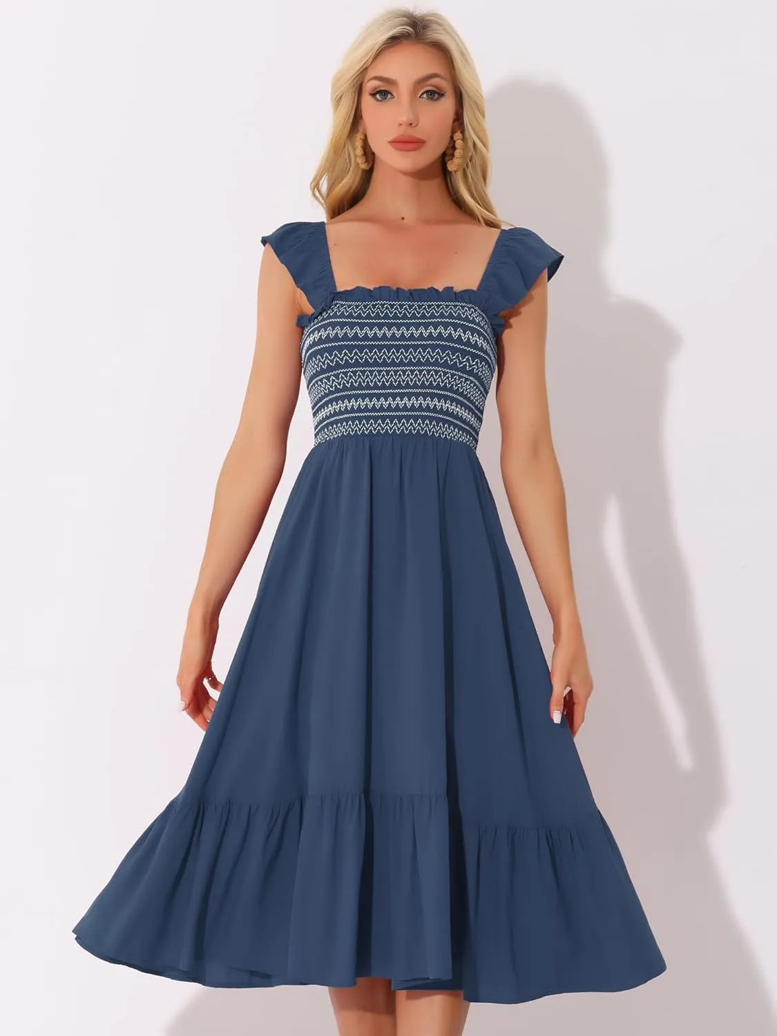 Allegra K Boho Midi Dress for Women's Square Neck Ruffle Tiered Flowy Smocked Sundress