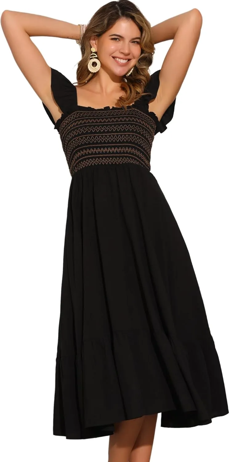 Allegra K Boho Midi Dress for Women's Square Neck Ruffle Tiered Flowy Smocked Sundress