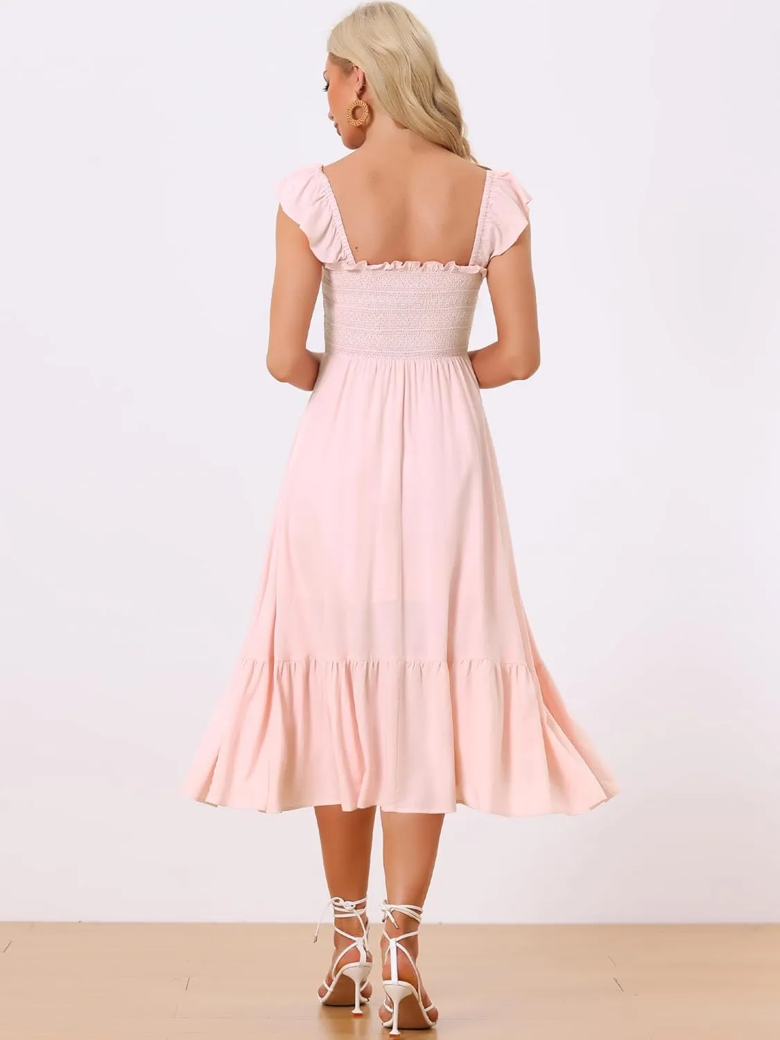 Allegra K Boho Midi Dress for Women's Square Neck Ruffle Tiered Flowy Smocked Sundress