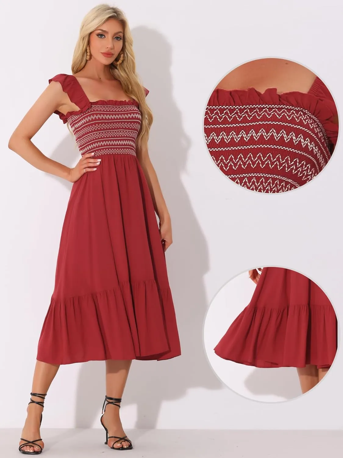 Allegra K Boho Midi Dress for Women's Square Neck Ruffle Tiered Flowy Smocked Sundress