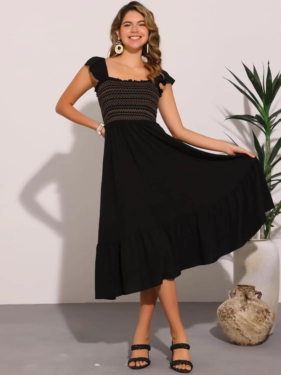Allegra K Boho Midi Dress for Women's Square Neck Ruffle Tiered Flowy Smocked Sundress