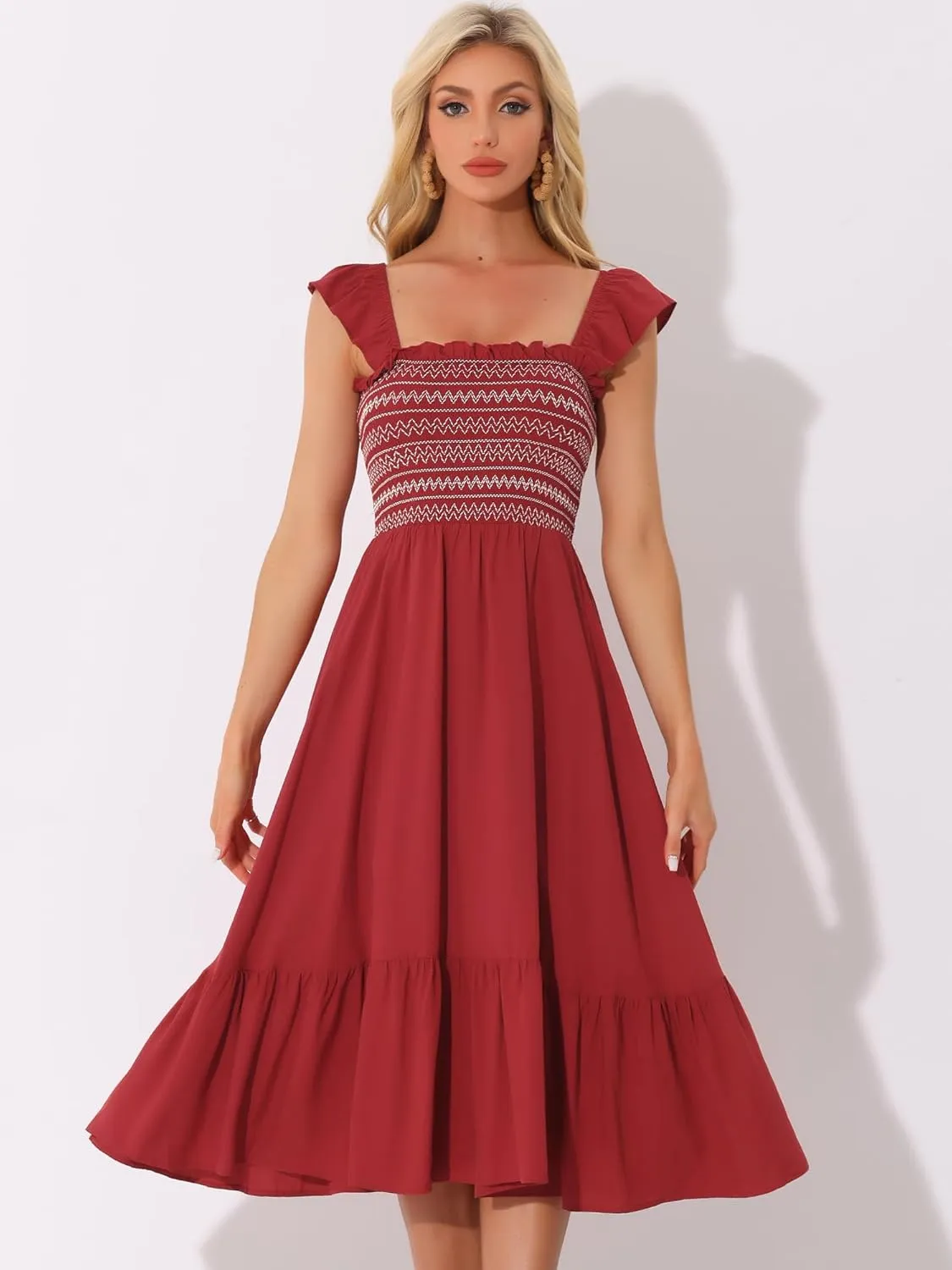 Allegra K Boho Midi Dress for Women's Square Neck Ruffle Tiered Flowy Smocked Sundress
