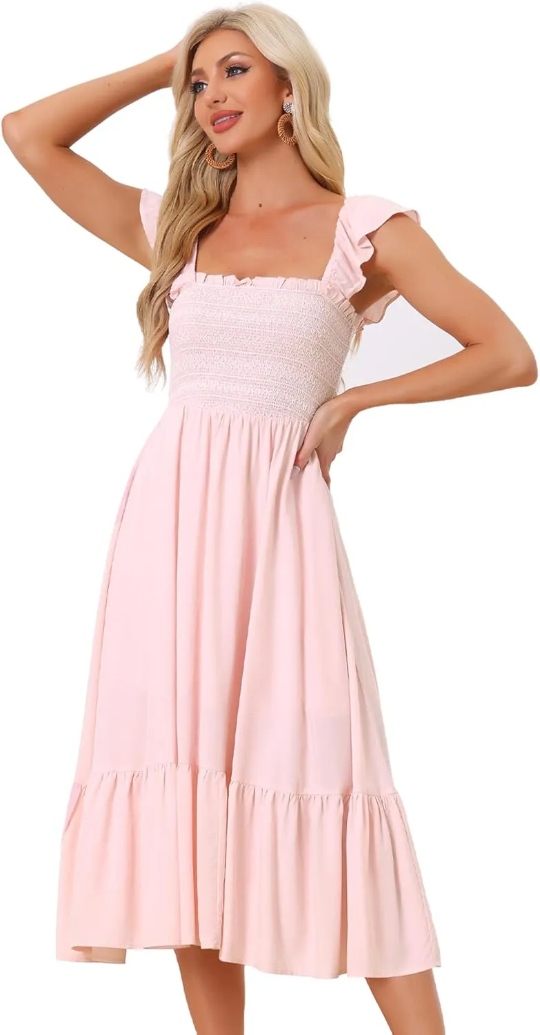 Allegra K Boho Midi Dress for Women's Square Neck Ruffle Tiered Flowy Smocked Sundress