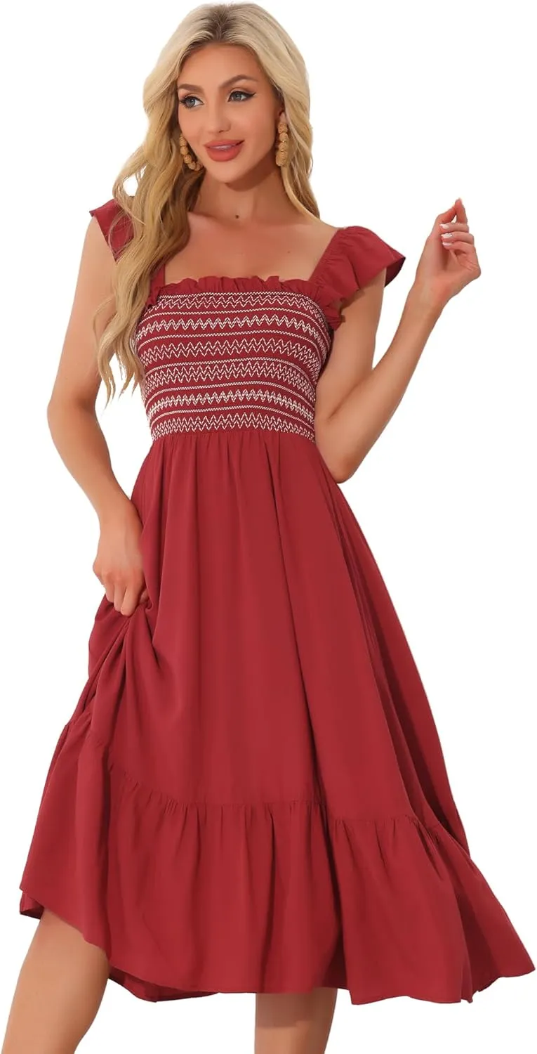Allegra K Boho Midi Dress for Women's Square Neck Ruffle Tiered Flowy Smocked Sundress