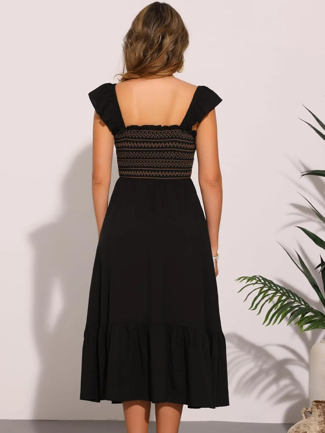 Allegra K Boho Midi Dress for Women's Square Neck Ruffle Tiered Flowy Smocked Sundress