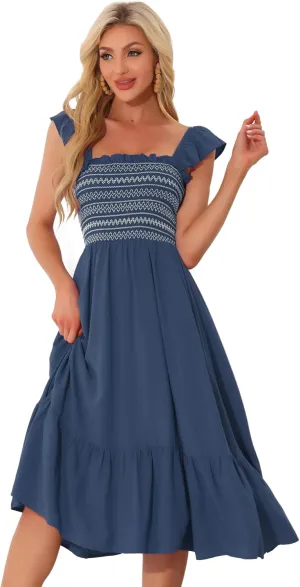 Allegra K Boho Midi Dress for Women's Square Neck Ruffle Tiered Flowy Smocked Sundress