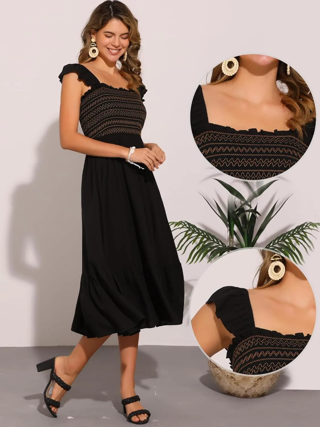 Allegra K Boho Midi Dress for Women's Square Neck Ruffle Tiered Flowy Smocked Sundress