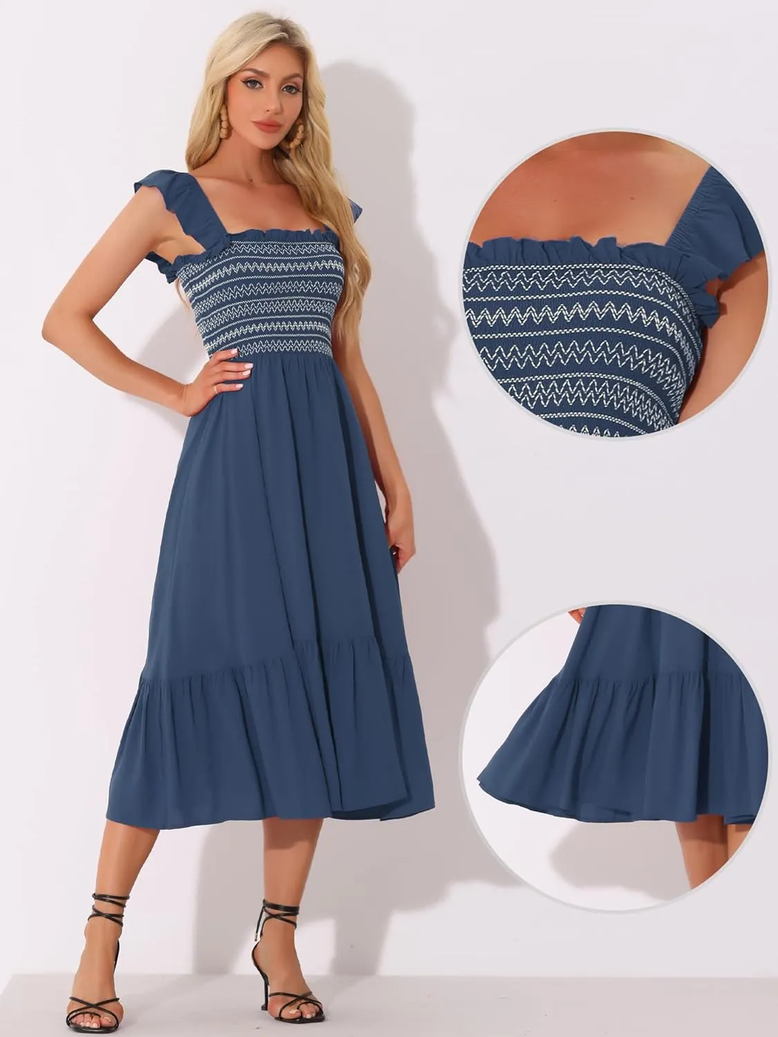 Allegra K Boho Midi Dress for Women's Square Neck Ruffle Tiered Flowy Smocked Sundress