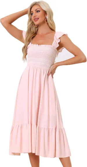 Allegra K Boho Midi Dress for Women's Square Neck Ruffle Tiered Flowy Smocked Sundress