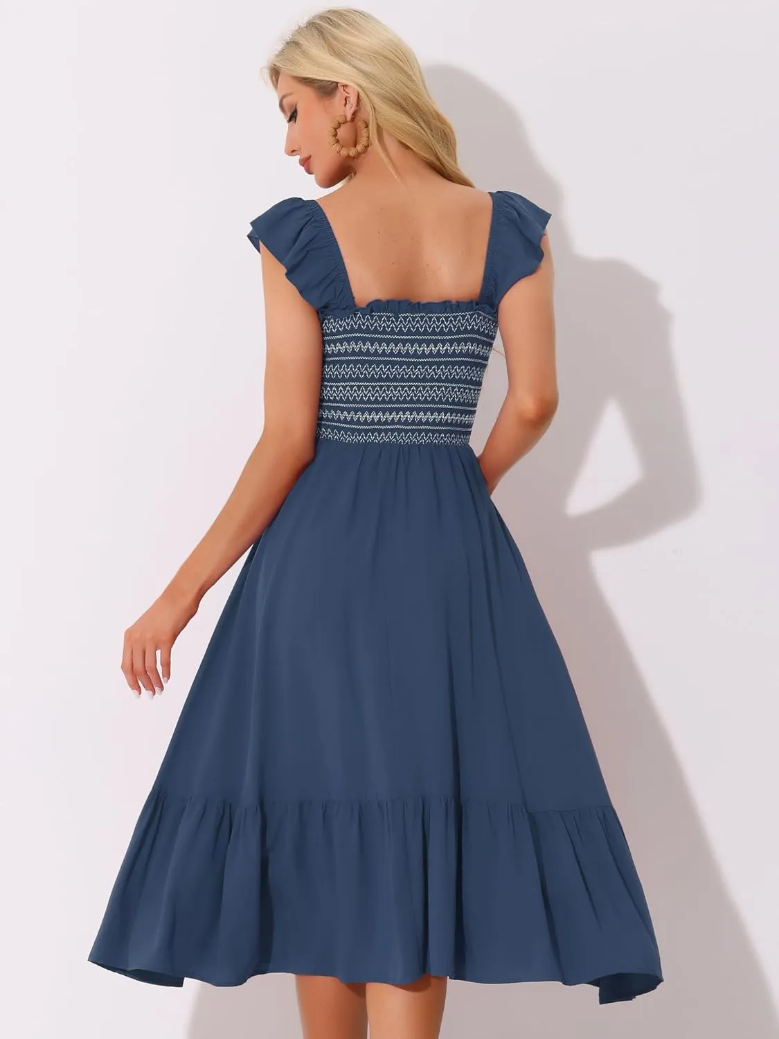 Allegra K Boho Midi Dress for Women's Square Neck Ruffle Tiered Flowy Smocked Sundress
