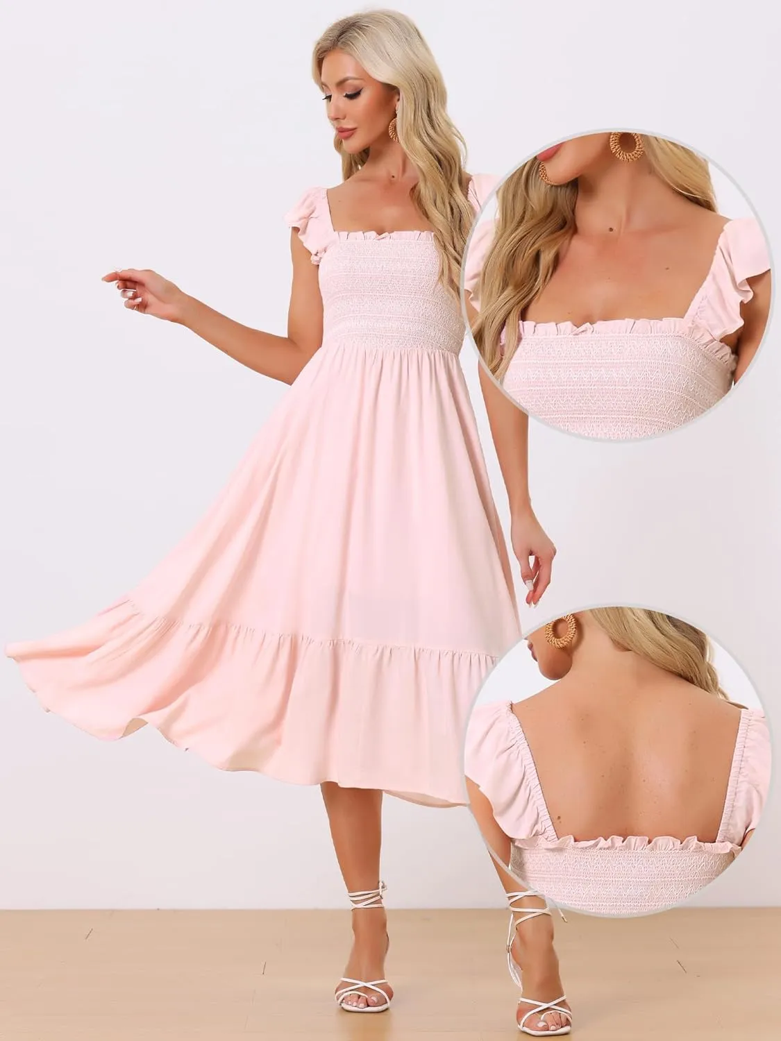 Allegra K Boho Midi Dress for Women's Square Neck Ruffle Tiered Flowy Smocked Sundress