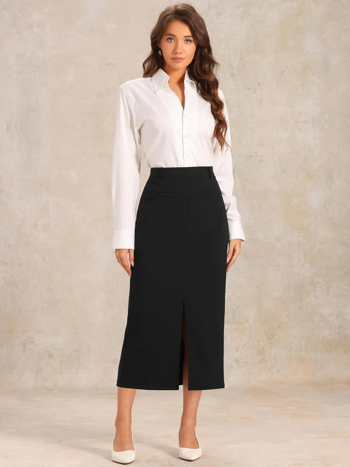 Allegra K Pencil Skirt for Women's High Waist Work Office Slit Midi Skirts