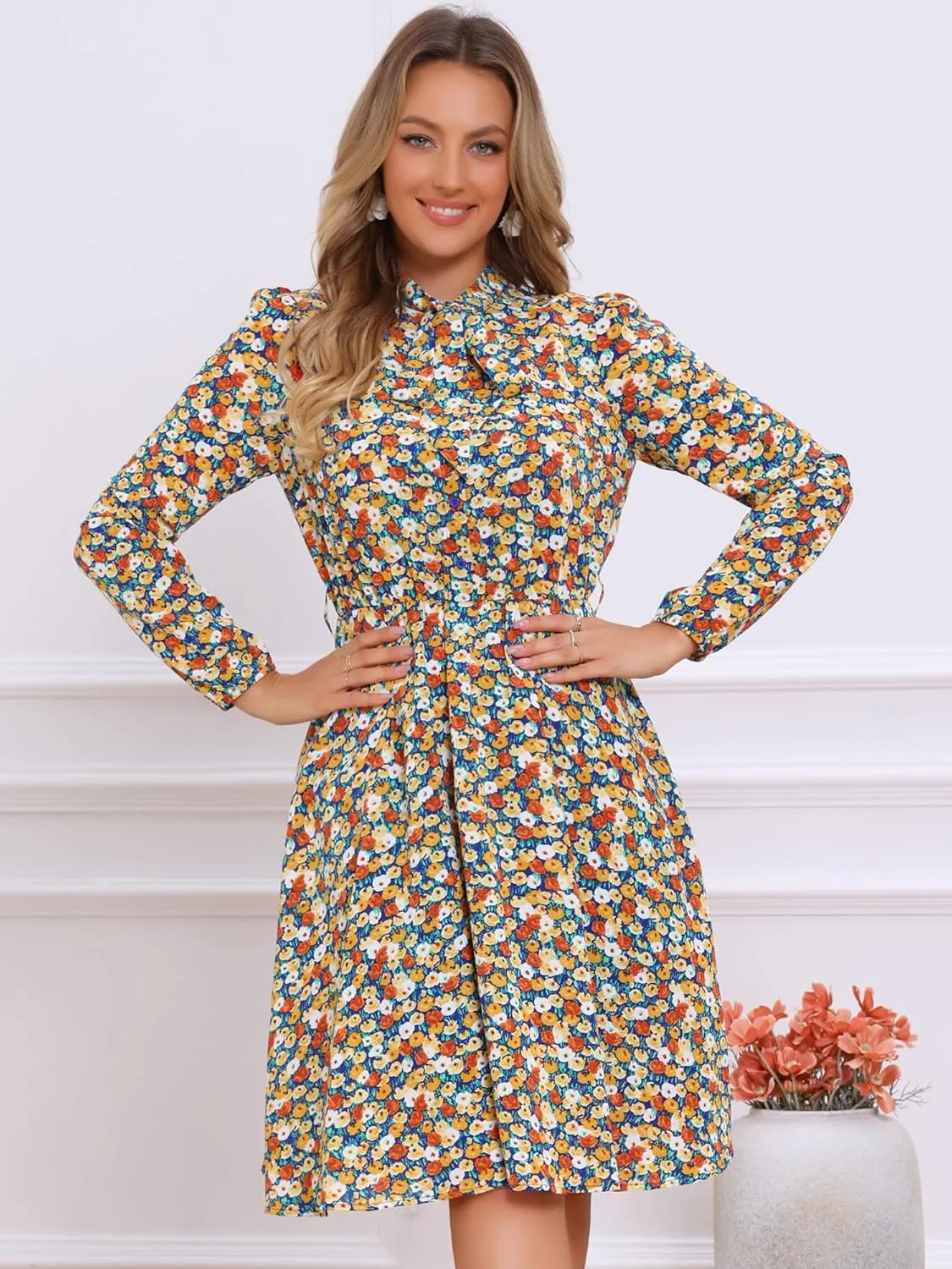 Allegra K Women's Tie Neck Dresses Chiffon Long Sleeve Belted Vintage Floral Dress