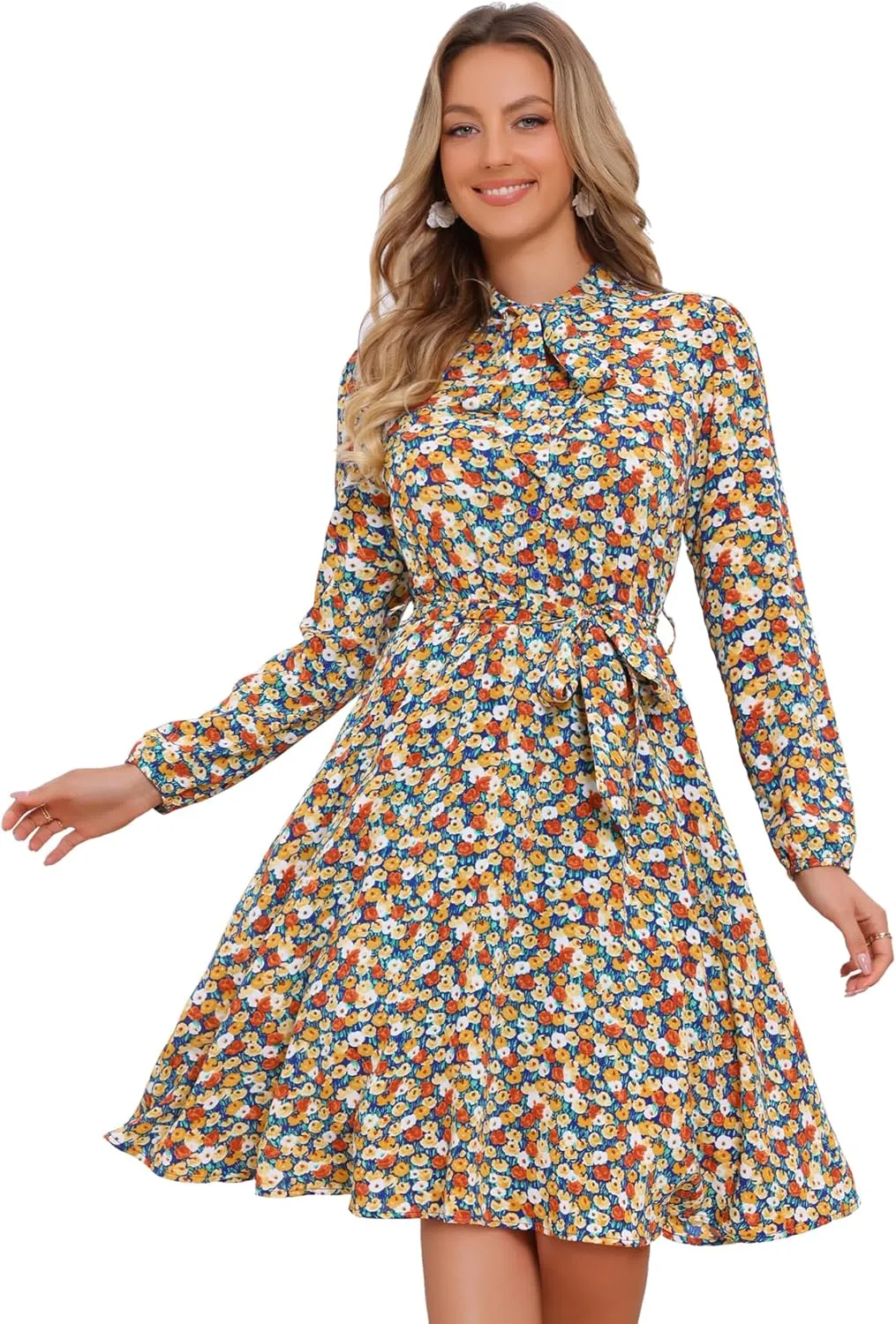 Allegra K Women's Tie Neck Dresses Chiffon Long Sleeve Belted Vintage Floral Dress