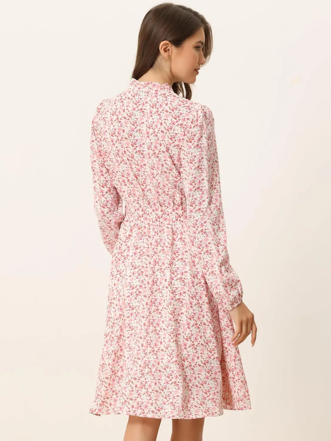 Allegra K Women's Tie Neck Dresses Chiffon Long Sleeve Belted Vintage Floral Dress