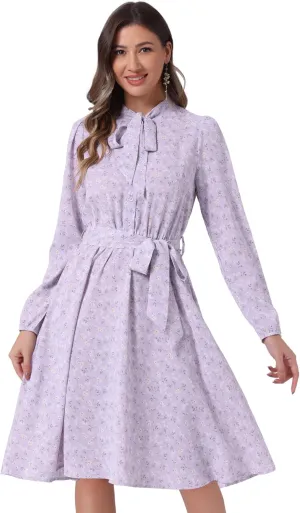 Allegra K Women's Tie Neck Dresses Chiffon Long Sleeve Belted Vintage Floral Dress
