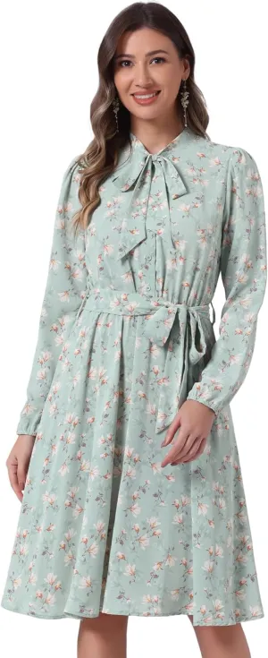 Allegra K Women's Tie Neck Dresses Chiffon Long Sleeve Belted Vintage Floral Dress