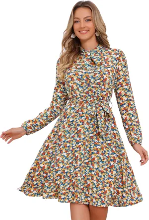Allegra K Women's Tie Neck Dresses Chiffon Long Sleeve Belted Vintage Floral Dress