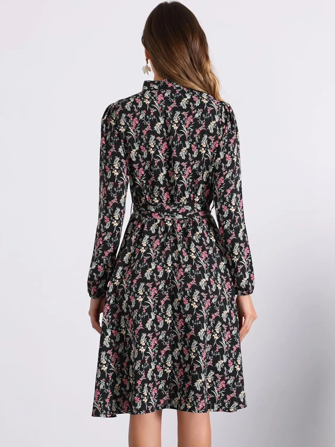 Allegra K Women's Tie Neck Dresses Chiffon Long Sleeve Belted Vintage Floral Dress