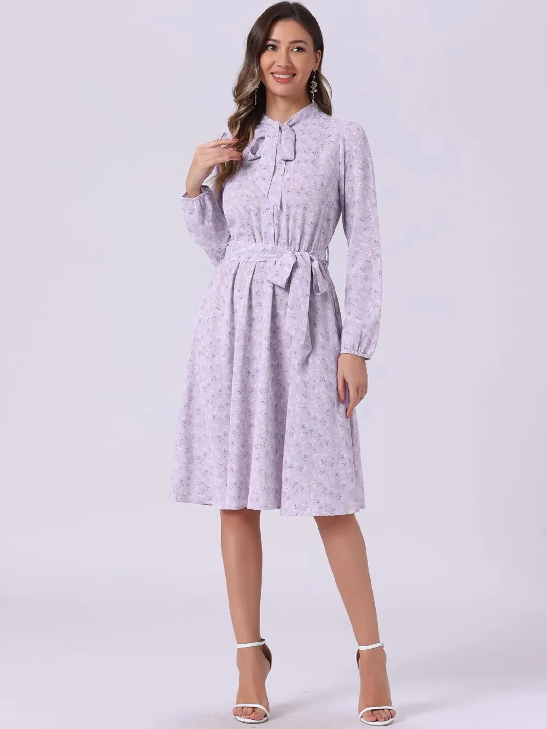 Allegra K Women's Tie Neck Dresses Chiffon Long Sleeve Belted Vintage Floral Dress