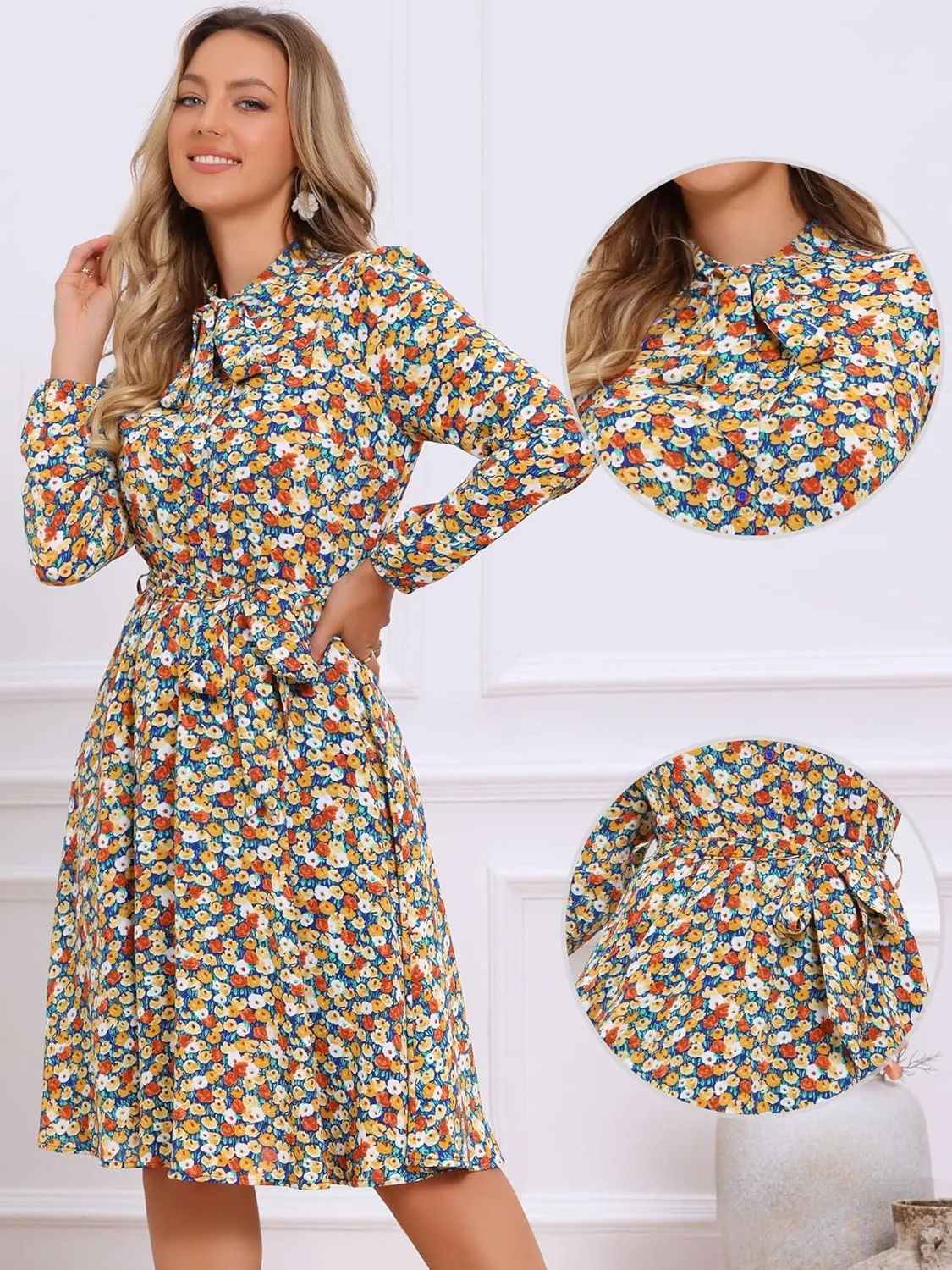 Allegra K Women's Tie Neck Dresses Chiffon Long Sleeve Belted Vintage Floral Dress