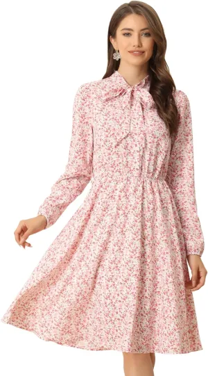 Allegra K Women's Tie Neck Dresses Chiffon Long Sleeve Belted Vintage Floral Dress