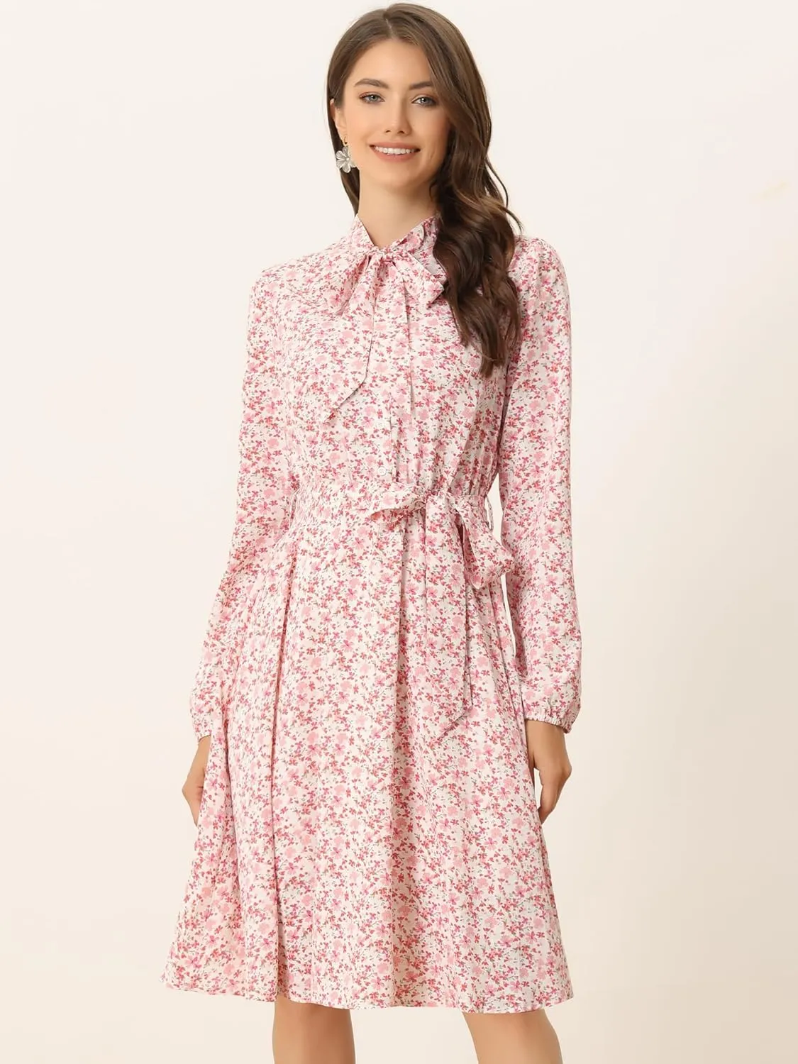 Allegra K Women's Tie Neck Dresses Chiffon Long Sleeve Belted Vintage Floral Dress