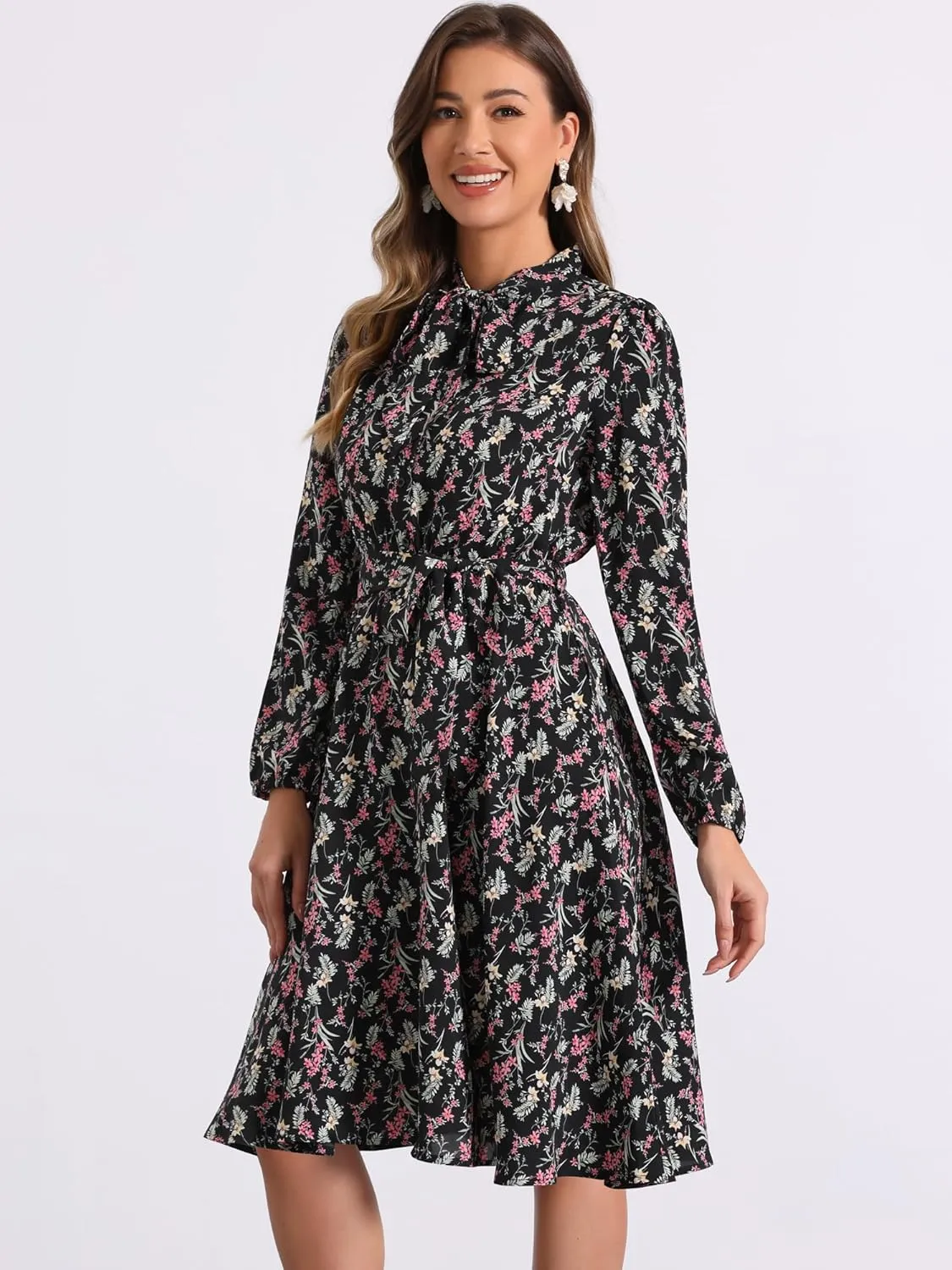 Allegra K Women's Tie Neck Dresses Chiffon Long Sleeve Belted Vintage Floral Dress