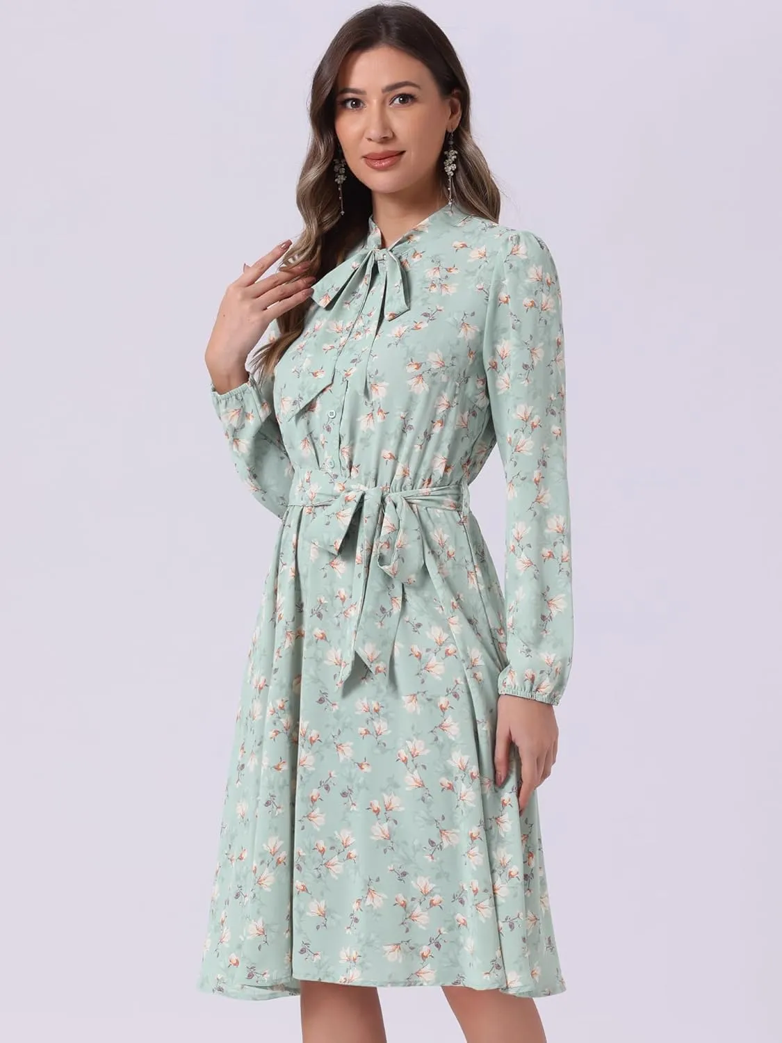 Allegra K Women's Tie Neck Dresses Chiffon Long Sleeve Belted Vintage Floral Dress