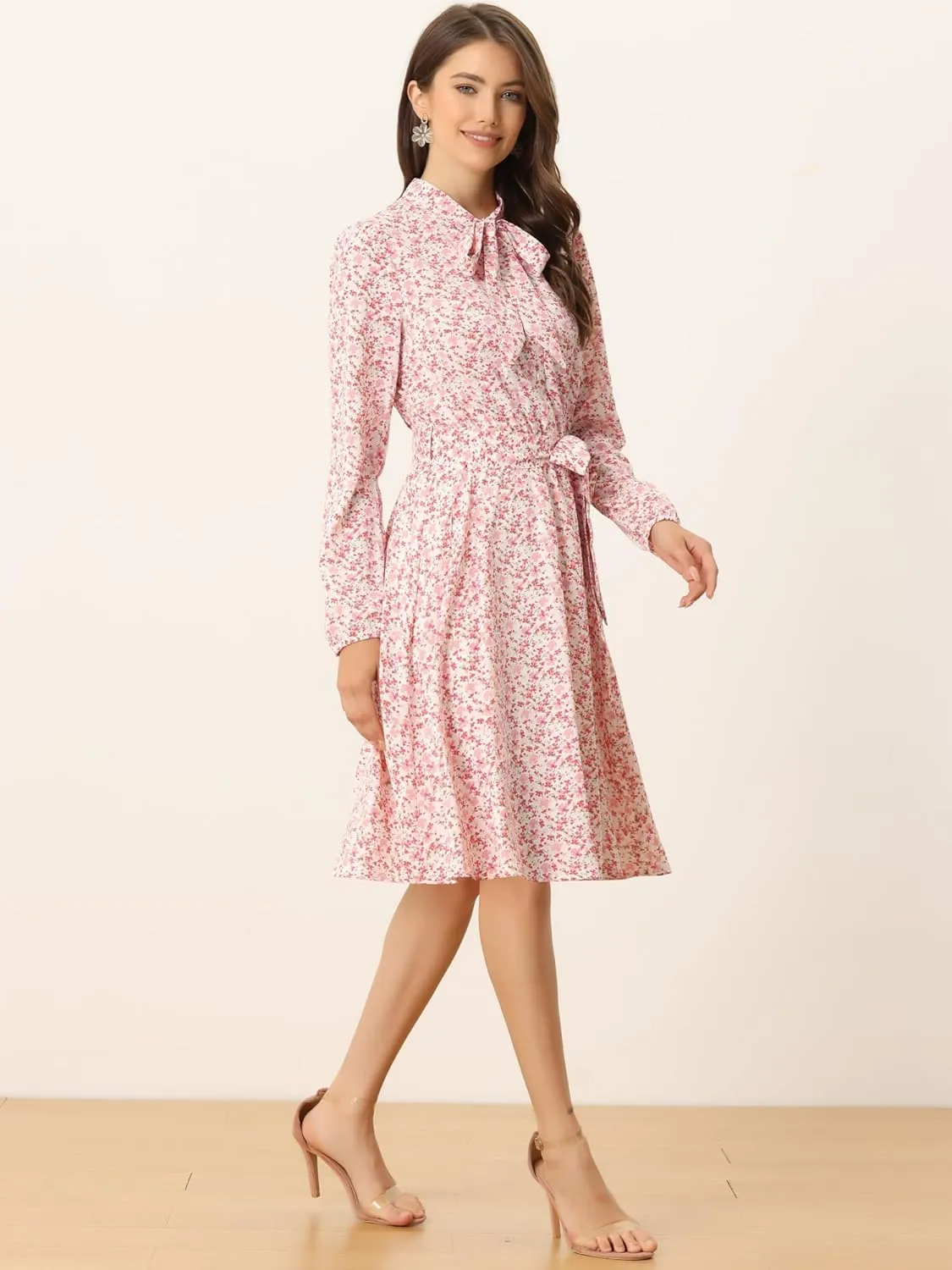 Allegra K Women's Tie Neck Dresses Chiffon Long Sleeve Belted Vintage Floral Dress