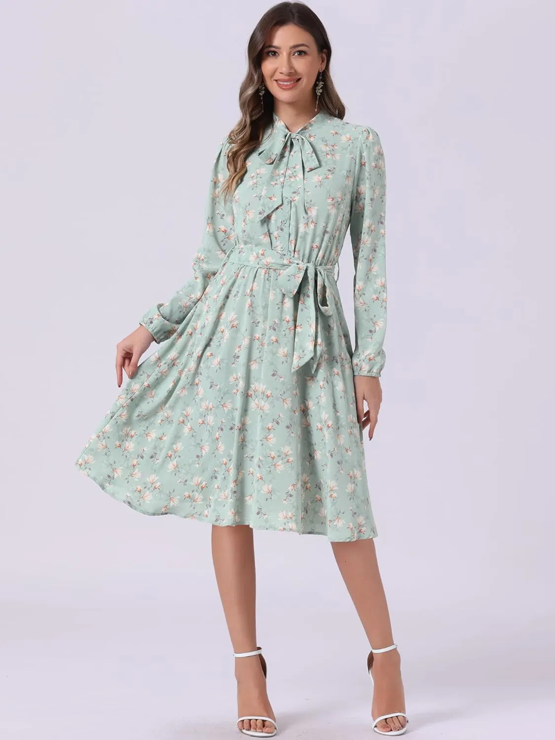 Allegra K Women's Tie Neck Dresses Chiffon Long Sleeve Belted Vintage Floral Dress