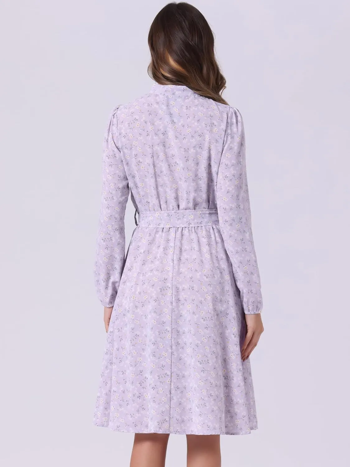 Allegra K Women's Tie Neck Dresses Chiffon Long Sleeve Belted Vintage Floral Dress