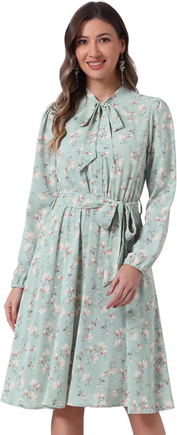 Allegra K Women's Tie Neck Dresses Chiffon Long Sleeve Belted Vintage Floral Dress