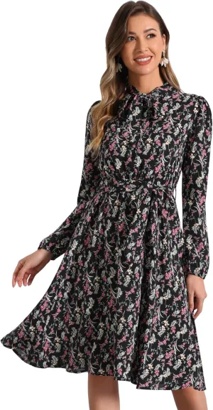 Allegra K Women's Tie Neck Dresses Chiffon Long Sleeve Belted Vintage Floral Dress