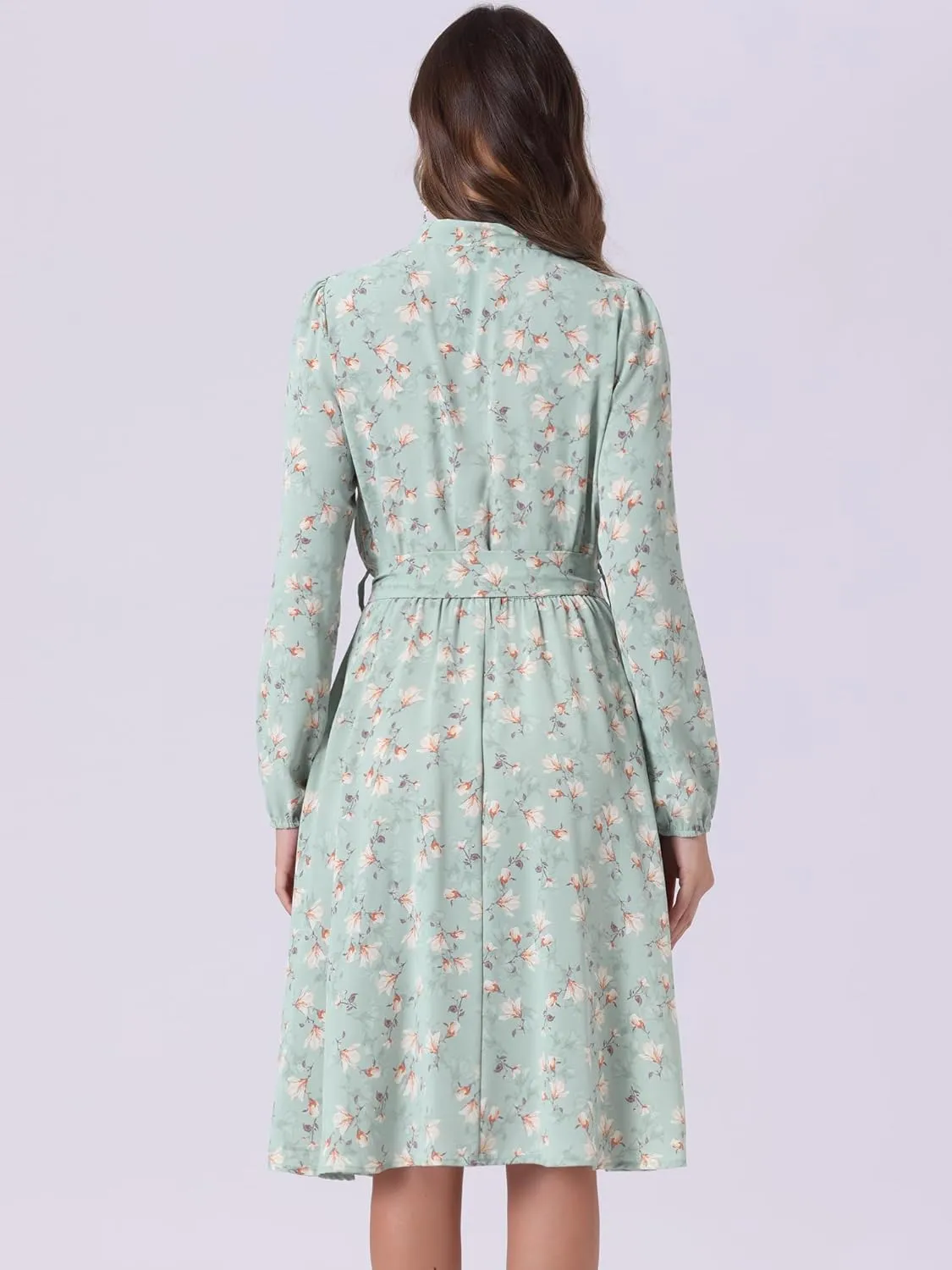 Allegra K Women's Tie Neck Dresses Chiffon Long Sleeve Belted Vintage Floral Dress