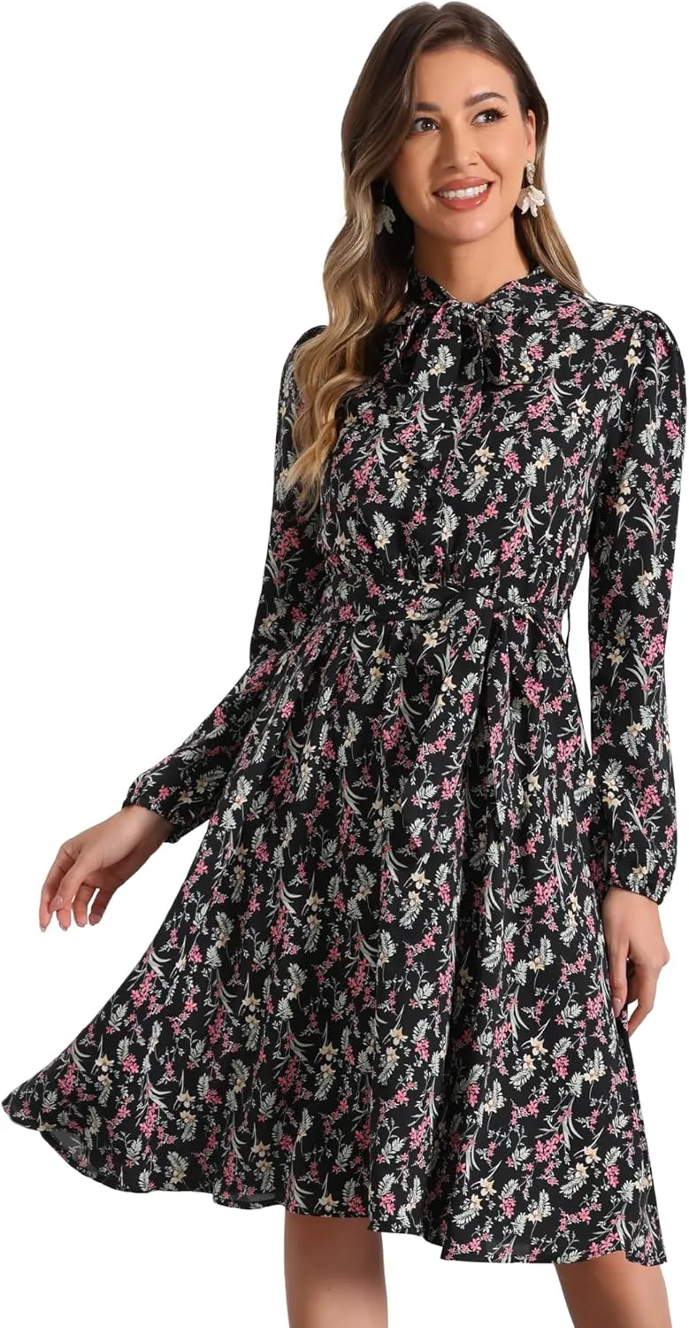Allegra K Women's Tie Neck Dresses Chiffon Long Sleeve Belted Vintage Floral Dress