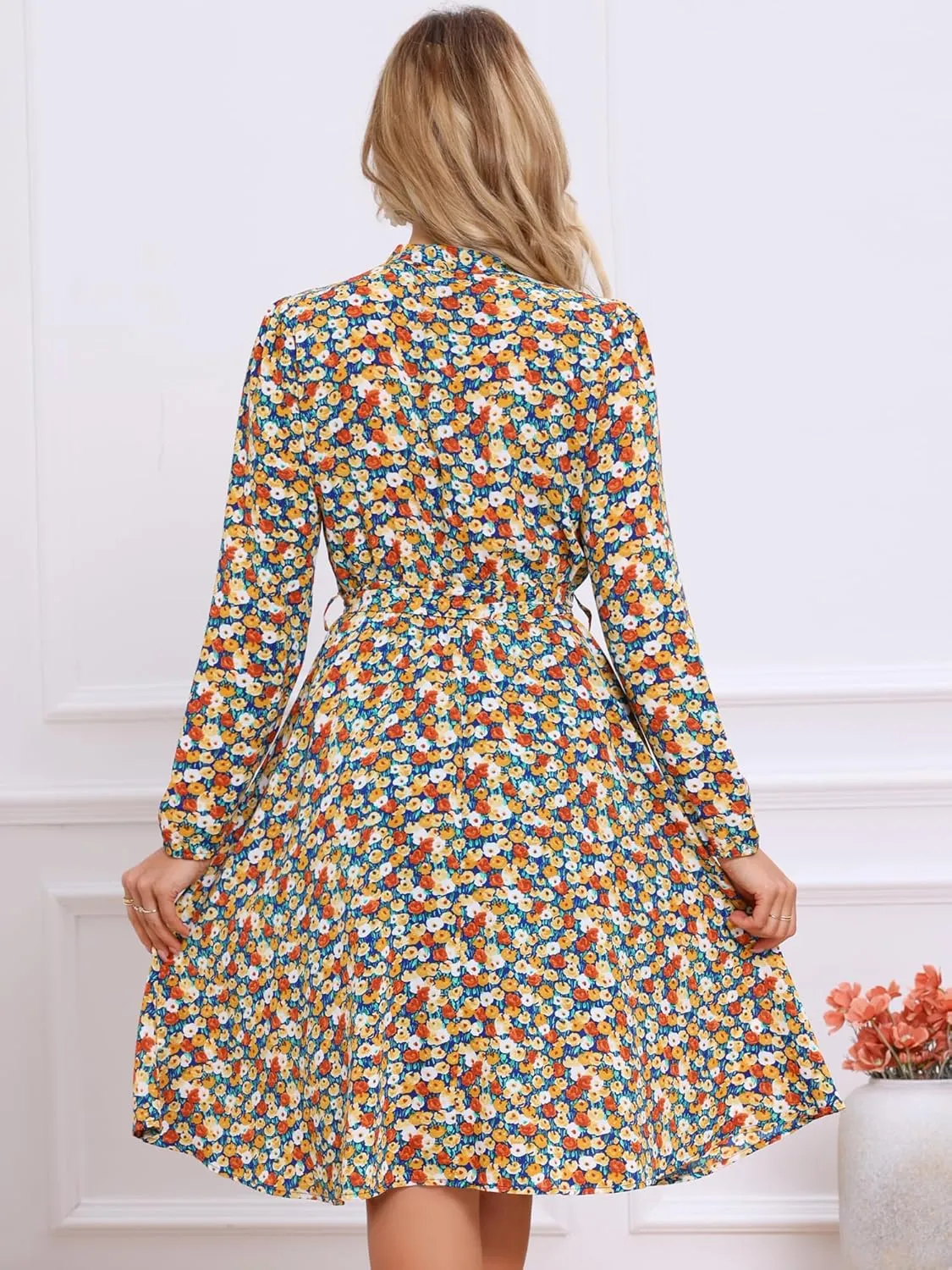 Allegra K Women's Tie Neck Dresses Chiffon Long Sleeve Belted Vintage Floral Dress